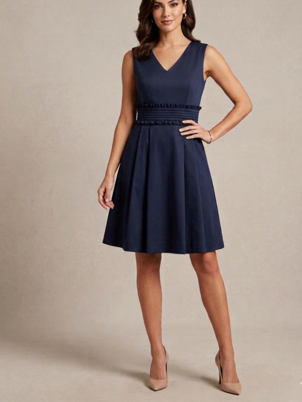 LN Tahari Navy Sleeveless V‑Neck Midi Dress with Pleated Skirt (8)